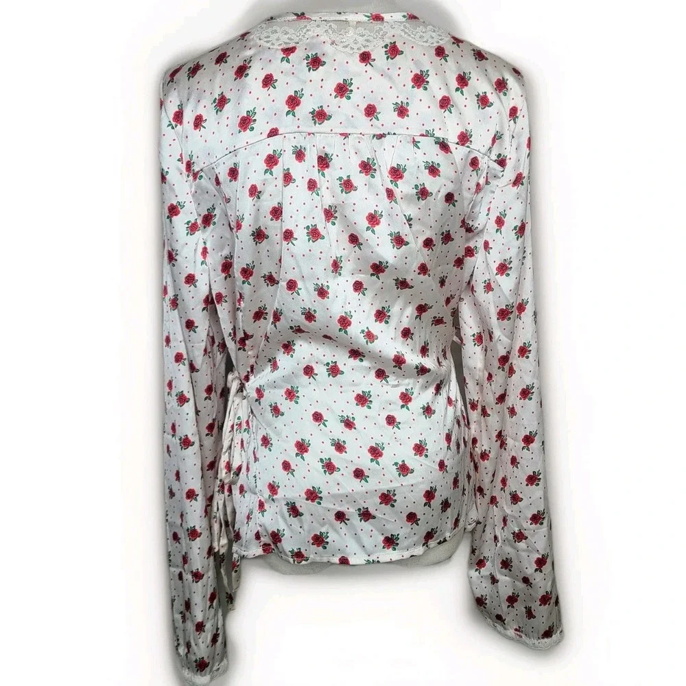 Free People Field Of Roses Satin Lace‎ Top L Cream Red Coquette Peasant Blouse